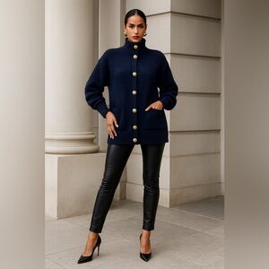 Luxury Navy Button-Up Cardigan with gold Metal Balmain Paris Buttons Oversized